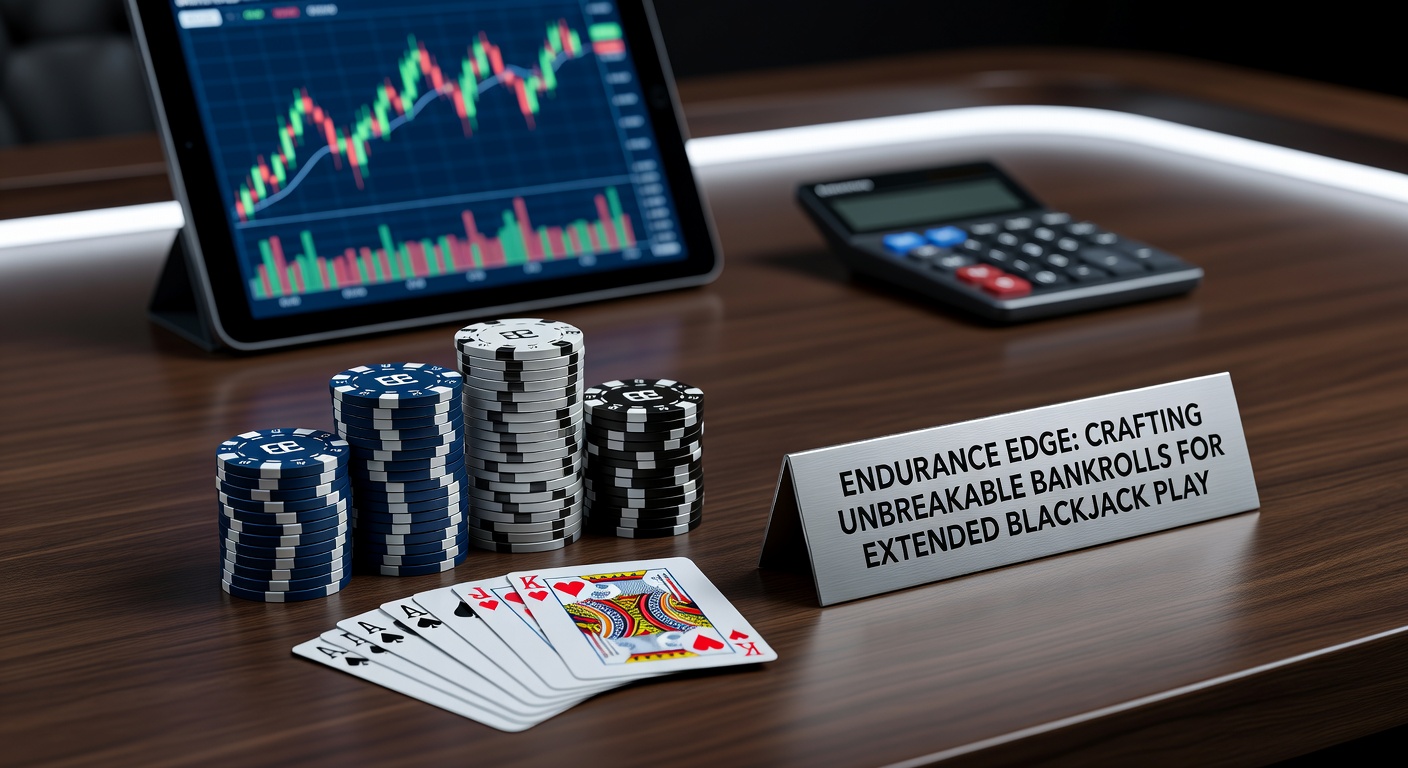Ein Spieler am Blackjack-Tisch mit einem Stapel Chips, der eine stabile Bankroll symbolisiert, während Karten fliegen