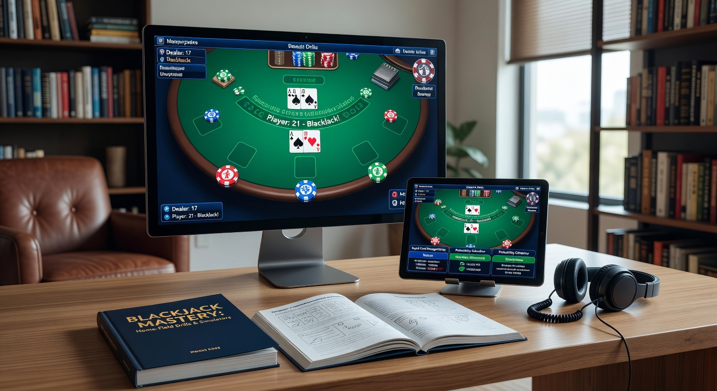 Laptop-Bildschirm mit fortgeschrittenem Blackjack-Simulator, der komplexe Szenarien darstellt
