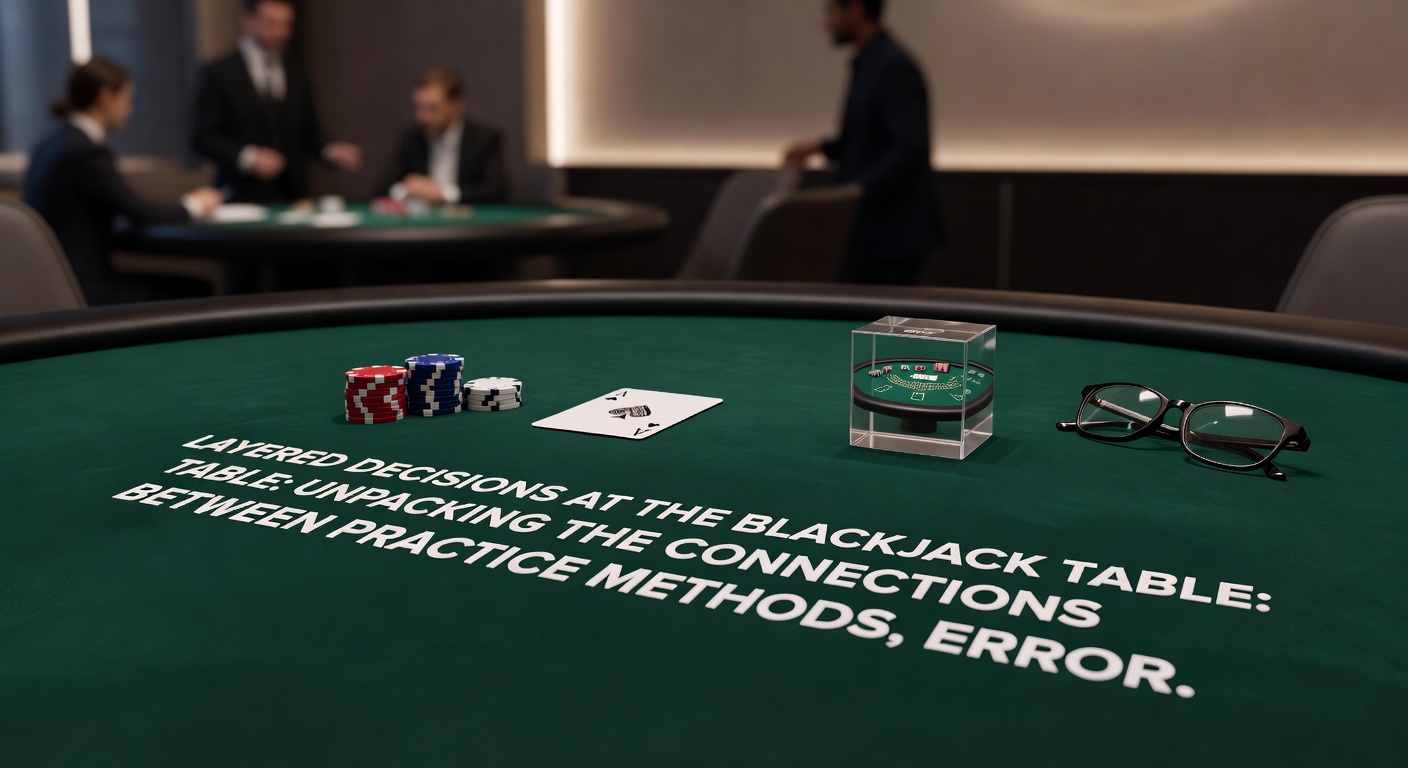 Blackjack-Tisch mit aufgedeckten Karten, Chips-Stapeln und einem Spieler, der mehrere Entscheidungsebenen abwägt