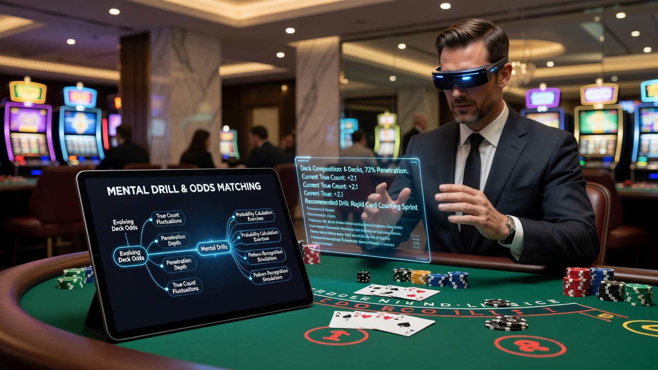 Darstellung eines Blackjack-Tisches mit Karten und visuellen Hinweisen zu mentalen Übungen in einem Casino-Setting