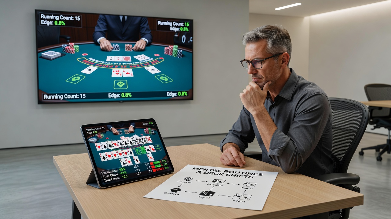 Nahaufnahme von Blackjack-Karten und Chip-Stacks während einer laufenden Sitzung mit Fokus auf mentale Anpassung