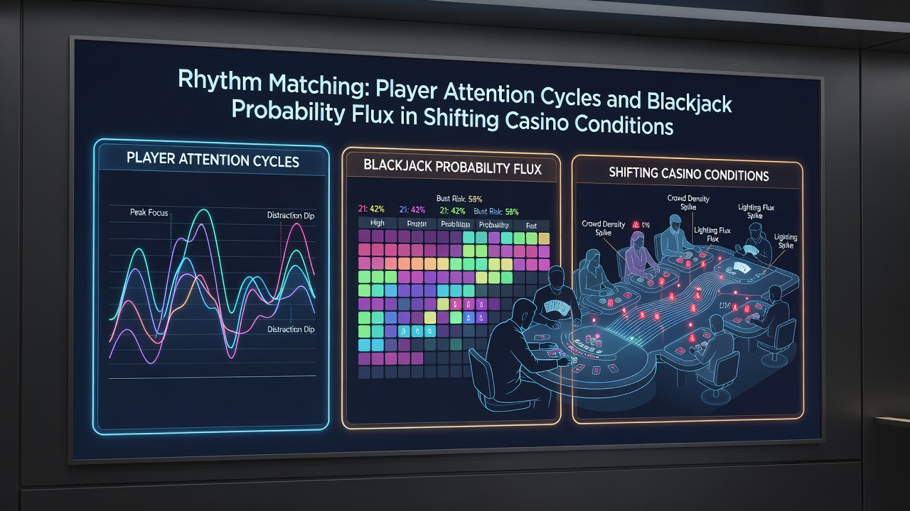 Analyse von Aufmerksamkeitsmustern und Kartenfluss an einem Blackjack-Tisch mit Diagrammen zu Wahrscheinlichkeitsverschiebungen