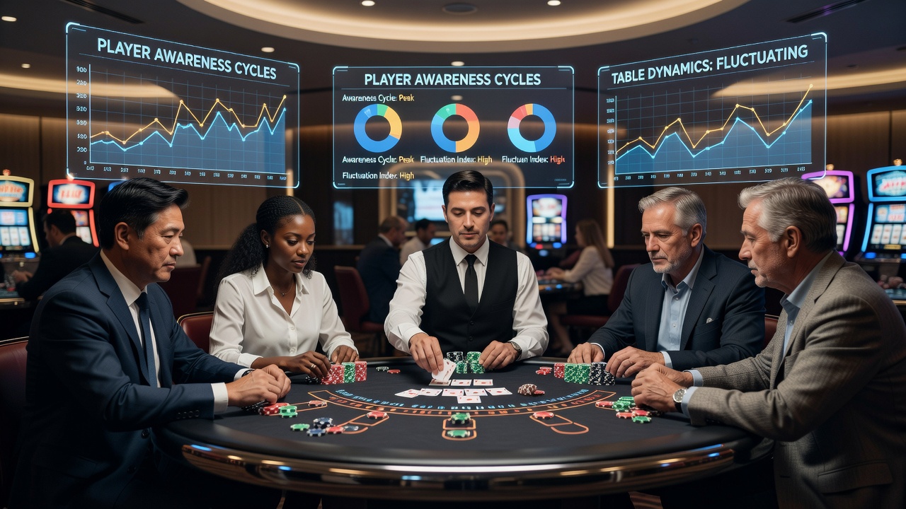 Spieler beobachten die Tischdynamik in einer Blackjack-Umgebung mit Fokus auf Deckzusammensetzung und Mitspielerwechsel